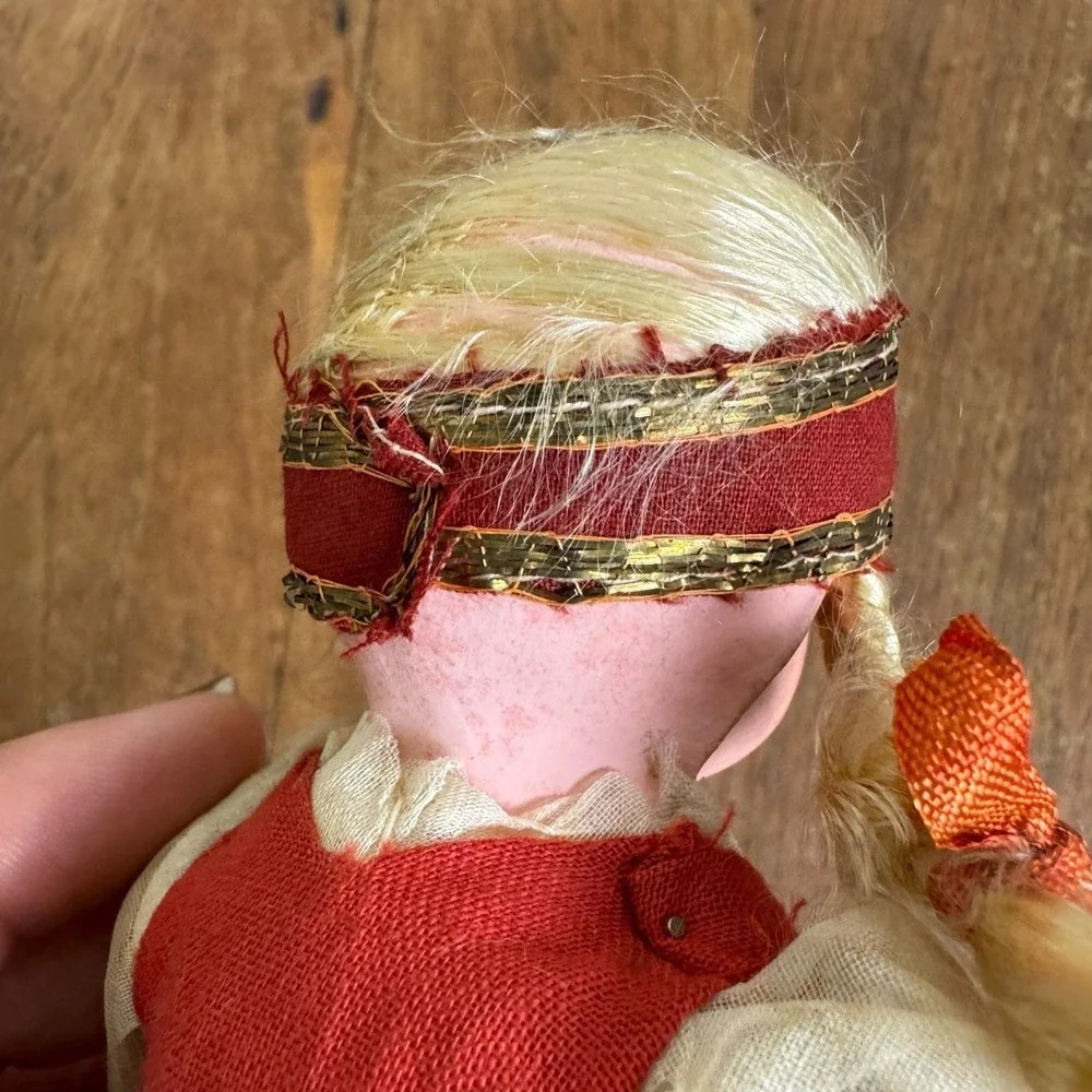 Vintage Antique Celluloid Cloth Straw Stuffed European Folk Art Style Doll‎